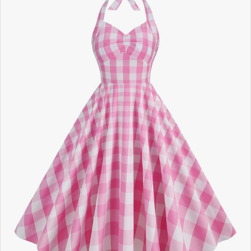 Elegant Pink Checkered Strapless Dress